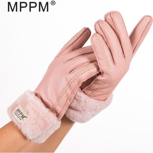 MPPM Russian winter Womens Gloves 100% Real Leather Sheepskin Winter Gloves Hot Warm Stylish Full Finger Ladies Gloves Mittens