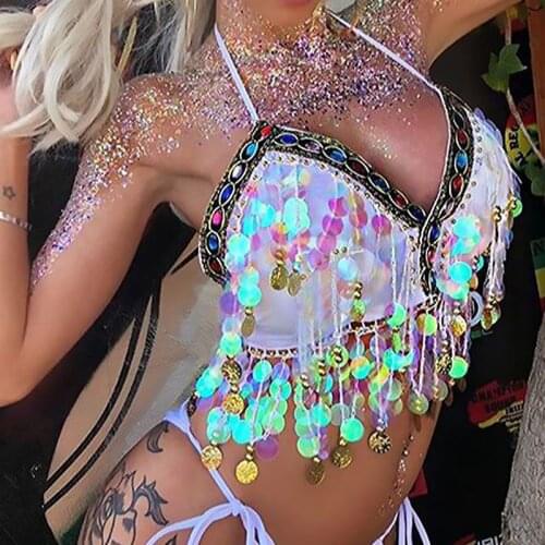 Sexy Sequin Crop Top Summer Tops Vintage Tassel Backless Bandage Short Woman Clothes