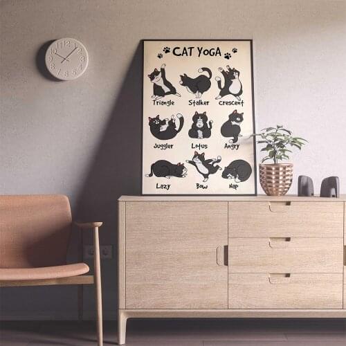 Nordic Modern Vintage Cute Cat Yoga Posters and Prints Canvas Painting Funny Tuxedo Cats Animals Wall Art Picture Home Decor