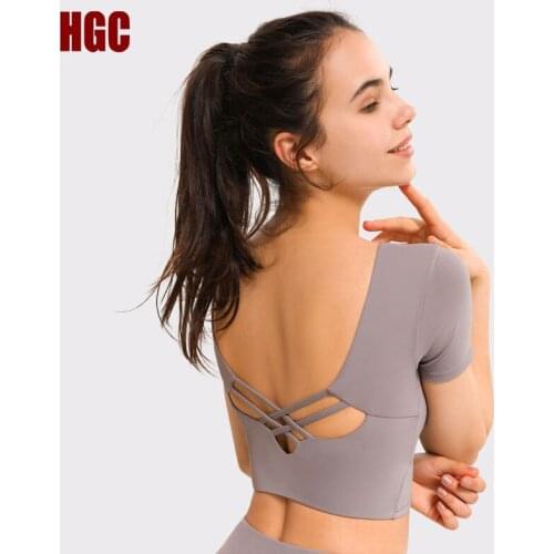 HGC Sports Top Open Back Short Sleeve Gym T-shirt Push-up Cross Slim Stretch Fitness Underwear Sexy Athletic Active Yoga Blouse