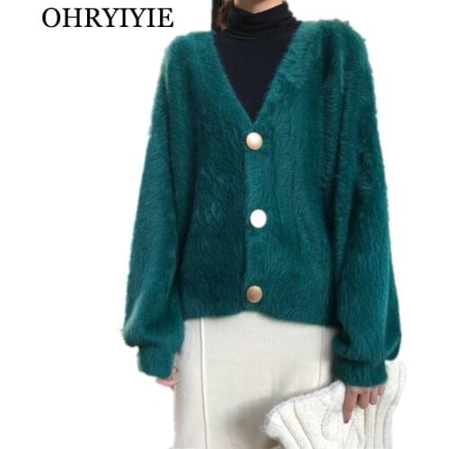 OHRYIYIE Green Mink Cardigan Sweater Women 2020 Spring Autumn Loose Single Breasted Knitted Sweaters Lady Tops Coat Pull Femme