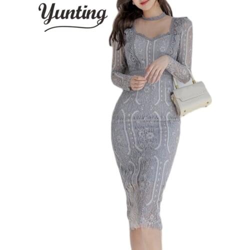 Vintage Hollow Out Autumn Dresses Women O-neck Pencil Dress Elegant Korean Simple Bodycon Work Office Vestidos