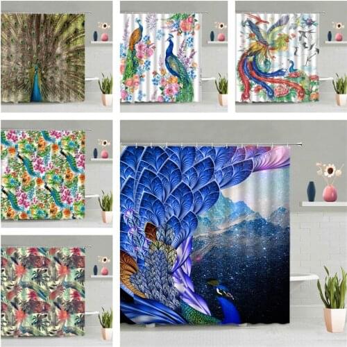 Colorful Peacocks Shower Curtain Cartoon Animal Flower Bird Plant Wall Hanging Curtains Bathroom Waterproof Screen Home Decor