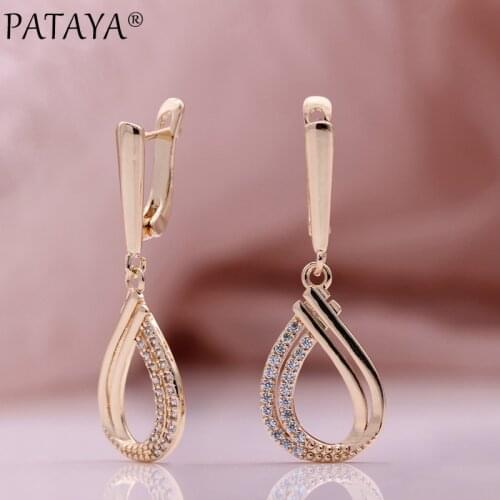 PATAYA New Unique Water Drop Long Earrings Natural Zircon Women Hollow Metal Earring 585 Rose Gold Wedding Party Fashion Jewelry