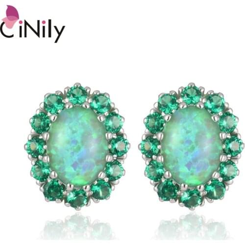 CiNily Green & Blue Fire Opal Stud Earrings Silver Plated Big Oval White Stone Filled Earring Lavish Fully-Jewelled Female Gifts