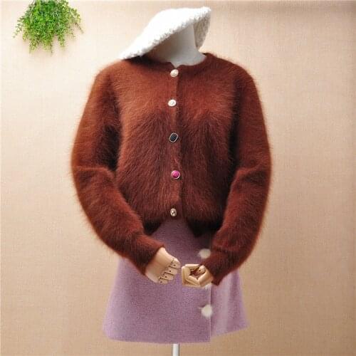 Ladies women fashion hairy plush mink cashmere knitted long sleeves loose cardigans angora rabbit fur winter jacket coat sweater