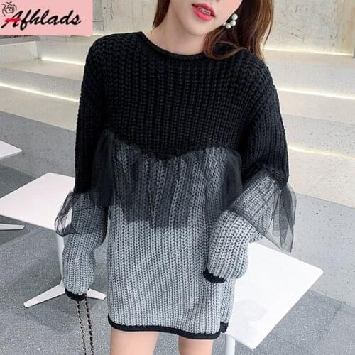 Autumn New Style Korean Lace Stitching Contrast Color Tops Ladies Designer Pullover Long Sleeve Round Neck Womens Wear