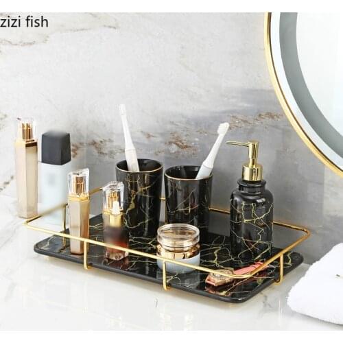 Golden Imitation Marble Storage Trays Dressing Table Cosmetic Organizer Display Tray Rectangle Ceramics Bathroom Storage Shelves