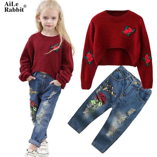 AiLe Rabbit New INS Girls Suit Rose Sweater Jeans 2 Pcs/set Fashion Holes Sequin Flower Pants Long Sleeves Kids Clothes k1