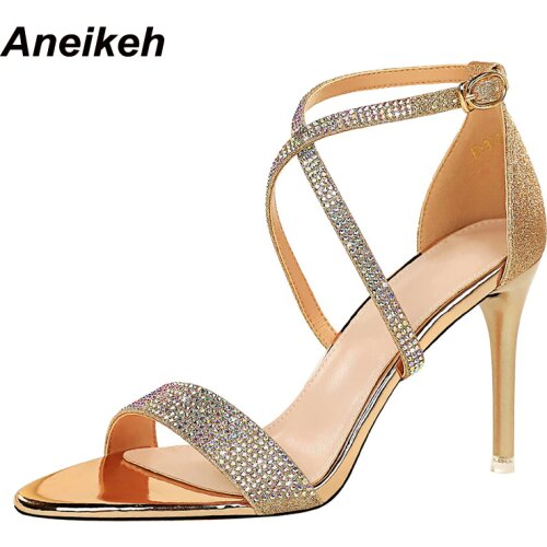 Aneikeh 2021 Fashion CRYSTAL Bling Sequined Cloth Sandals Sexy Summer Stiletto Heels Zapatos Mujer Ankle-Wrap Buckle Strap Party