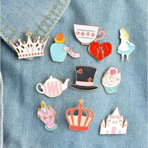 The New 11 Accessories Brooch Cat Castle Hat Rabbit Cake Crown Watch Teapot Alice Metal Enamel Brooch Acrylic Brooch