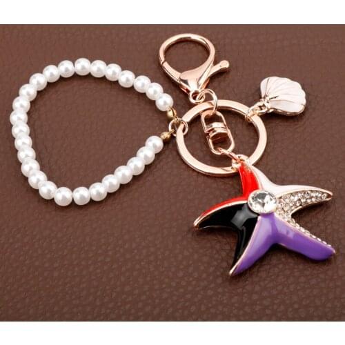Boutique Trinket Keychain Fashion Jewelry Pearls Starfish Shell Pendants Key Rings Women Handbags Keyholder porte clef
