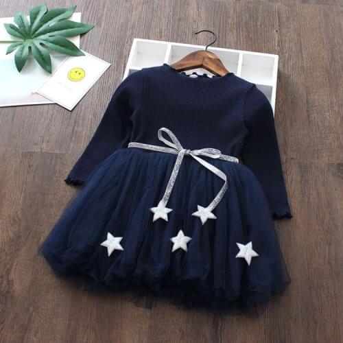 New Children Girls Dress Spring Stars Sashes Mesh Cotton Long Sleeve Dress Girl Ball Gown Princess Tutu Dress Kids Clothes Girls