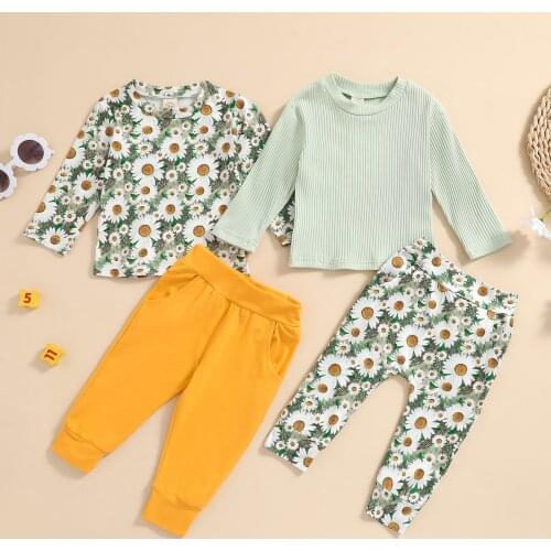 FOCUSNORM 0-3Y Lovely Baby Girls Clothes Sets 2pcs Sunflowers Printed Long Sleeve Pullover Sweatshirt Tops Pants 2 Colors