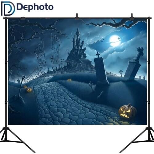 Dephoto Photography Background Moon Castle Witch Bat Pumpkin Cemetery Halloween theme Backdrop photo studio camera fotografica