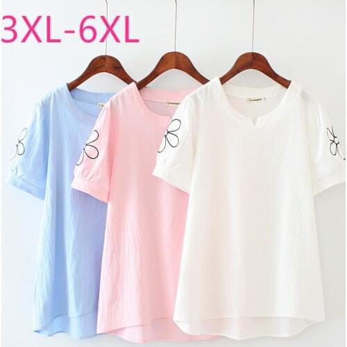 2021 new summer plus size tops for women large loose casual short sleeve cotton linen O neck T-shirt white pink 3XL 4XL 5XL 6XL