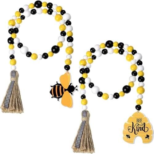 2 Pieces Bee Wood Bead Garland With Tassels, Honeycomb Wood Bead Spring Summer Wooden Bead Garland Rustic Farmhouse