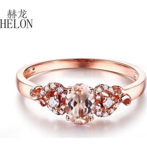 HELON Solid 14k Rose Gold Oval 6X4mm Genuine Morganite & Diamond Beauty Bride Engagement Wedding Fine Jewelry Ring Women Gift