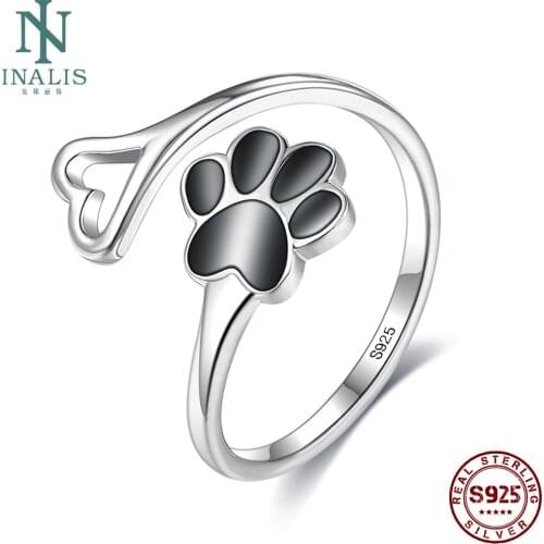 INALIS 925 Sterling Silver Paw Dog Footprint Heart Rings Black 5A Clear Cubic Zirconia Adjustable Ring For Women Fine Jewelry