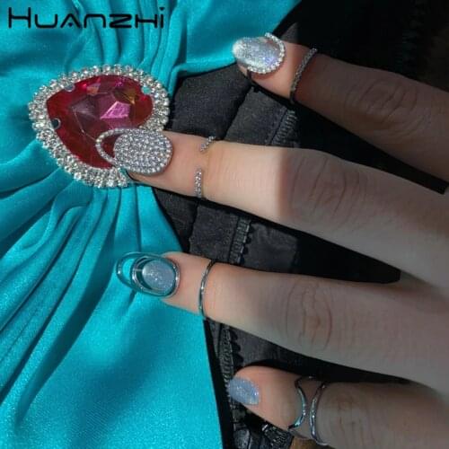 HUANZHI 2020 New Korean Trendy Cool Shiny Rhinestone Inlaid Fingertip Nail Alloy rings for Women Girls Party Accessories