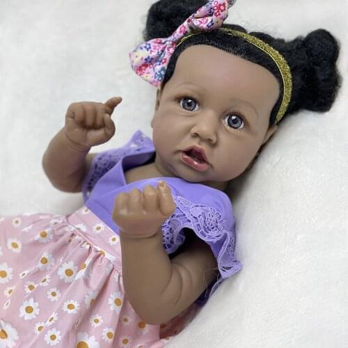 55CM African Bebe Reborn Dolls Full Silicone Body Girl Dolls with Rooted Black Curly Hair Lifelike Dark Skin Baby Girl Doll Toy
