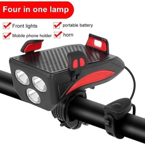 Multi-Function 4 in 1 Bicycle Light Flashlight Bike Horn Alarm Bell Phone Holder Power Bank Bike Accessories Cycling Front Light