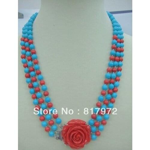New fashion Woman 3 Rows necklace blue stone coral bead mixed choker red rose flower clasp multitier necklace