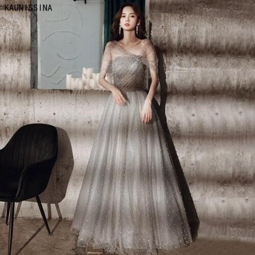 KAUNISSINA Fashion Long Prom Evening Dresses Pearls Party Gown Floor Length Maxi Prom Robe Backless Sexy vestidos de fiesta