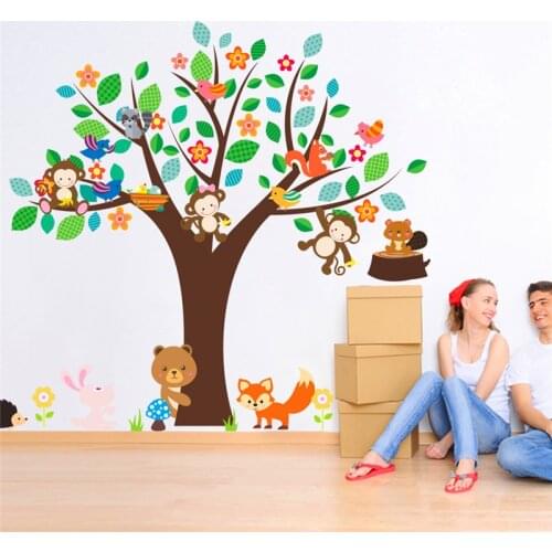 Cartoon monkey rabbit bear flower tree forest animals wall stickers for kids rooms decor pvc wall decals poster diy mural art
