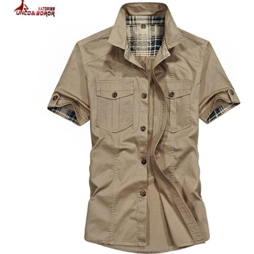 New Summer Mens 100% Cotton Army Military Short Sleeves Shirts Breathable Chemise homme Loose Casual Dress Shirt Men Clothing