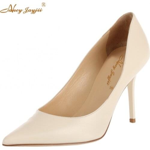 Nancyjayjii Mature Bridal Casual&Office Beige Leather Pointed Toe High Heels Basic Pumps Shoes Big Size 16 Footwear 100MM Dress