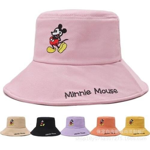 Disneys New Japanese Fisherman Hat Female Big Eaves Mickey Embroidered Basin Hat Summer Outdoor Shade Hat Hats for Women