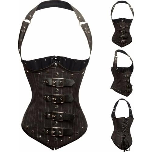 New Sexy Steampunk Bone Faux Leather Zip Lace-Up Corset Party Dress Belt Style Strapy Waist Striped Shaper S-2XL