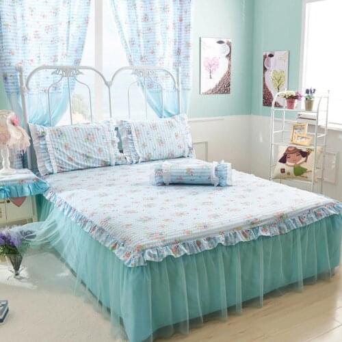 2019 new products Cotton printing Bedspread Fitted Sheet Pillowcases 2/3pcs Luxury Princess Pleated lace Bedding