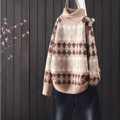 2021 autumn and winter fashion ladies new loose diamond long-sleeved high-neck knitted womens casual pullover sweater all-match