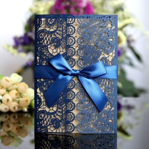 50pcs Luxury Flora Laser Cut Wedding Invitations Card With Ribbon Greeting Card Customize Wedding Decoration Party Favors
