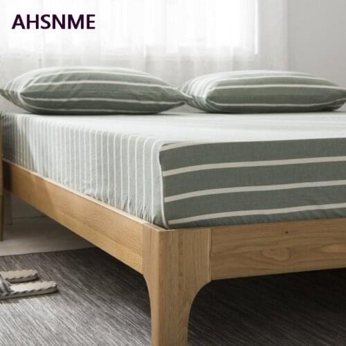 AHSNME 100% Cotton sheets Super Soft parure de lit Cool Summer Simple Green middle strip Fitted Sheet 90x200/120x200/180x200cm