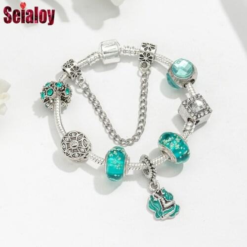 Seialoy Princess Charms Bracelets For Women Girl Original Shining Stars Blue Crystal Beaded Bracelet Fine Child Jewelry