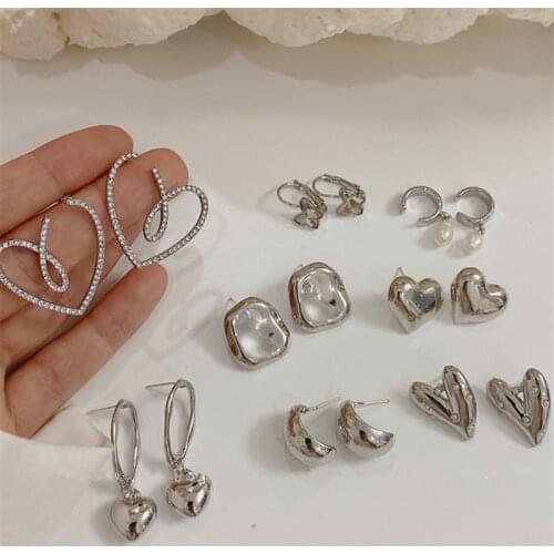 AOMU 2021 Gold Silver Color Metal Love Heart Rectangular Smooth Irregular Geometric Long Drop Earrings for Women Jewelry