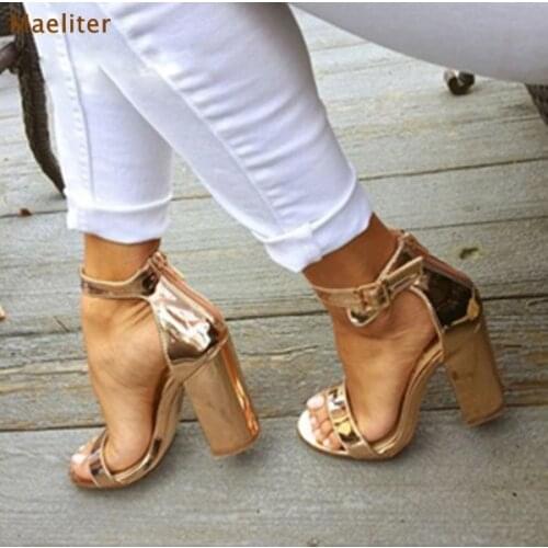 Women Chic Champagne Patent Leather Sandals Square Thick High Heels Pumps Covered Heel Single Strap Gladiator Shoes Golden Pumps
