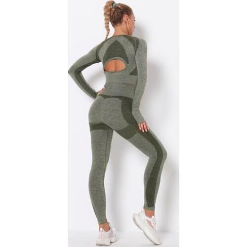 Women Sports Sets Gym Seamless Long sleeves Fitnerss Suit Sports Top + High Waist Legging Sets Female Workout Running 2Piece Set