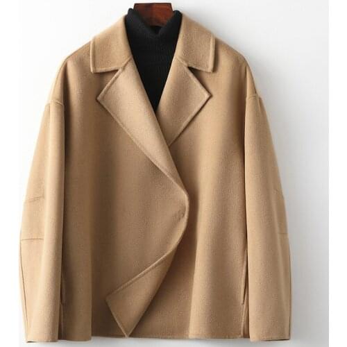 Spring 2021 New Fashion Double Faced Woolen Women High Quality Coat with Concealed Buttons Loose Blends Khaki Solid Jacket