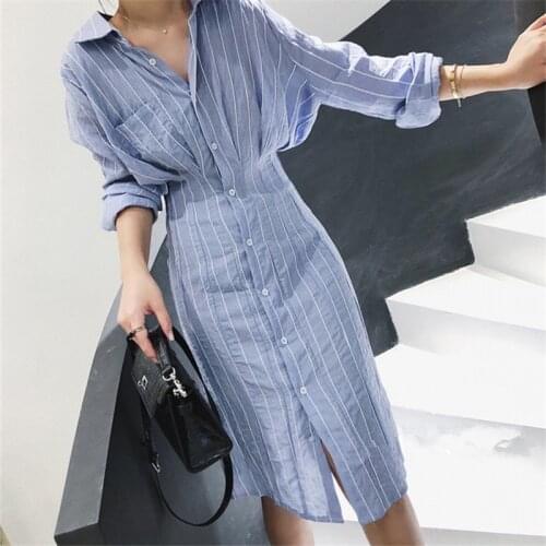 Retro Striped Simple Fashion Shirt Dress Female 2021 Summer Fall Batwing Lapel Slim Ruched Single-breasted Knee-Length Dress