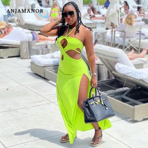 ANJAMANOR Sexy Beach Vacation Dresses for Women Summer 2021 Clubwear Backless Halter High Split Maxi Dress with Cutouts D85-CZ21
