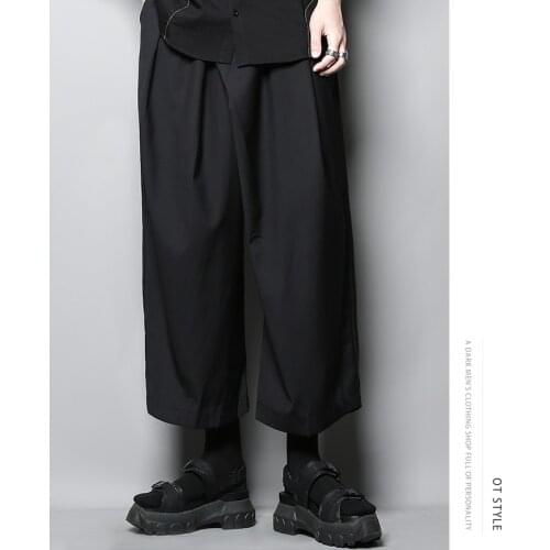 Dark Japanese large size style loose asymmetric design feeling wide leg straight tube mens nine point casual pants large size t