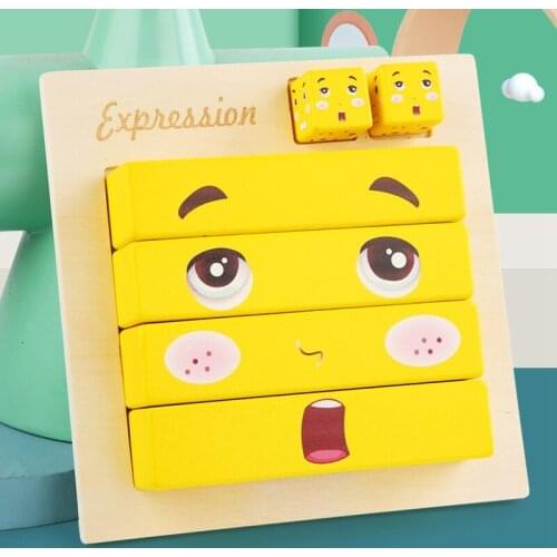 Wooden Face Expressions Matching Block Puzzles Building Square Toy Borad Games Educational Toys for Kids