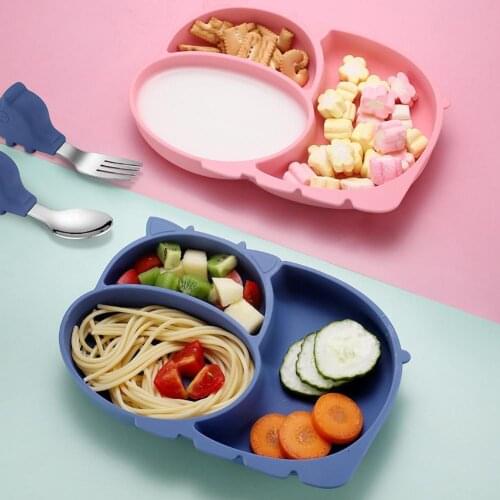 1Set Baby Silicone Divided Plate with Suction Cup Eating Training Anti-fall Fork Spoon Suction Plates for Toddler Dishes for kid