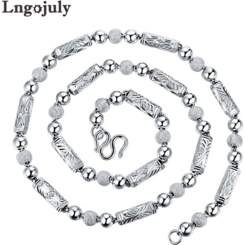 Fine Jewelry 925 Sterling Silver Chain For Men Jewelry Genuine Silver Bead Hexagonal Tube Frosted Rough Necklace For Boys Male