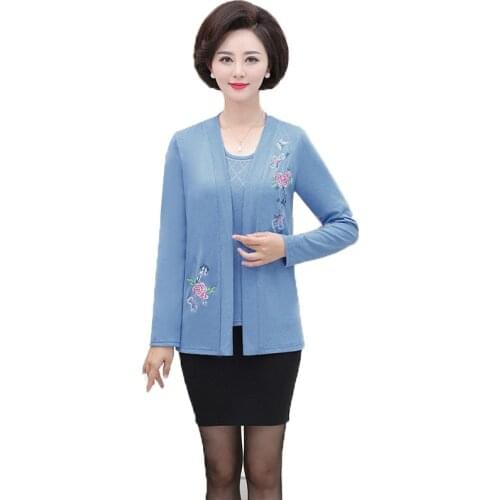 Middle-aged and Elderly Womens Coats Jacket Fashion knitted shirt & Embroidered Coat 2 Piece Set Spring Women Knit Cardigan