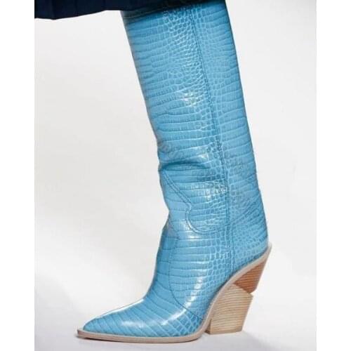 Hot Women Wooden Grain Heels Knee High Boots Snakeskin Leather Pointed Toe Western Boots Runway Slip on Knight Boots Customized